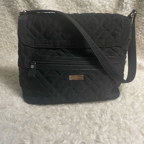 Vera Bradley Classic Black Quilted Fabric Shoulder Bag Purse Zebra print Lining. - Picture 1 of 13